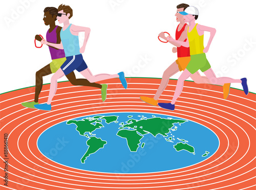 視覚障害者がガイドランナーと走っているイラストです。