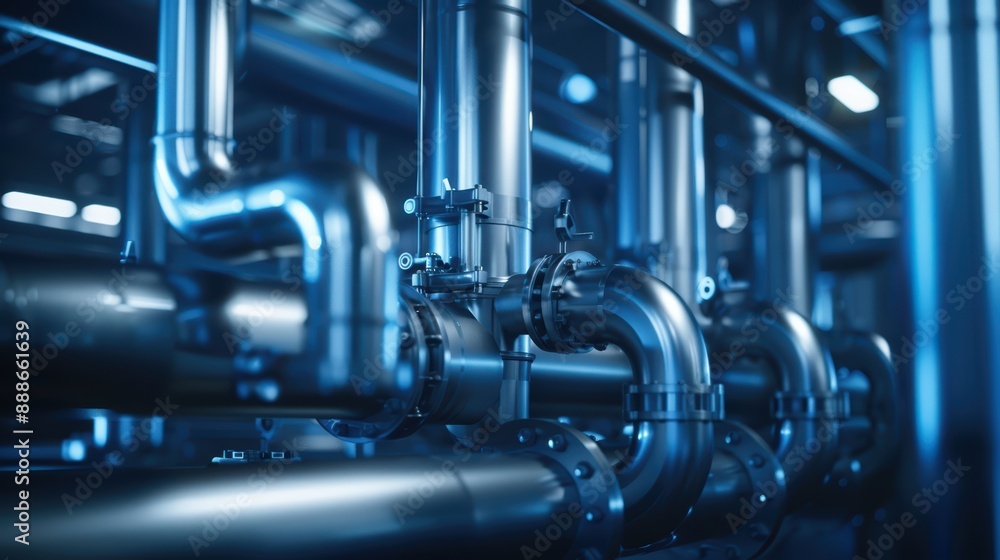 Fototapeta premium Industrial Pipeline System with Shiny Metal Pipes and Valves in a Modern Factory Setting