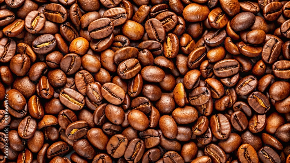 Naklejka premium Close-up of coffee beans , Roasted, Arabica, Texture, Brown, Aromatic, Close-up, Background, Organic, Espresso, Beverage, Ingredient
