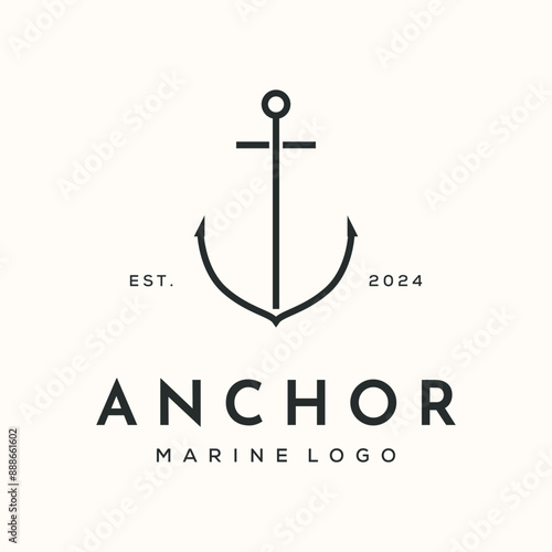 anchor steel line art logo vector minimalist illustration design, metal anchor with sun nature symbol design