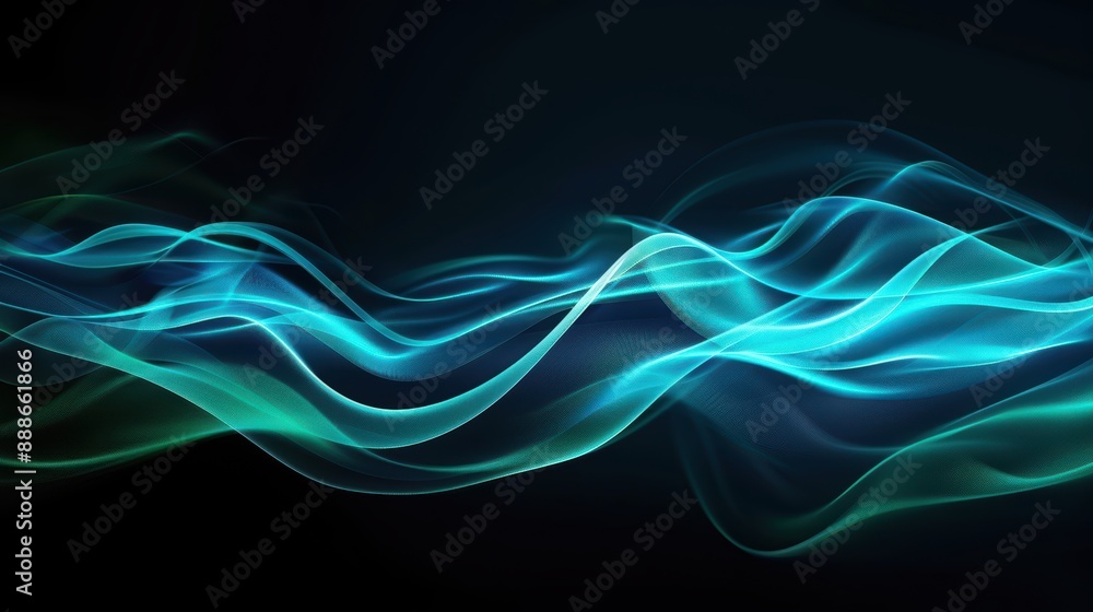 Abstract Blue and Green Light Waves on Dark Background - Futuristic Energy Flow Abstract Blue and Green Light Waves on Dark Background - Futuristic Energy Flow