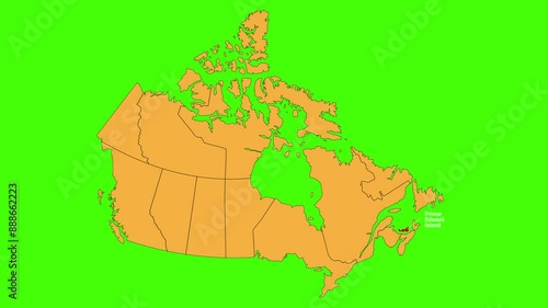 Prince Edward Island map animated video. Map Highlighted on the Canada map with animation and colour with Green screen background in video format.	
