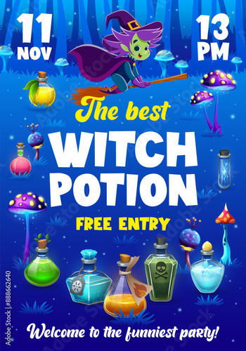 Halloween witch party flyer with funny witch and potion bottles. vector invitation poster or card with cartoon cute hag flying on broom at night enchanting forest with colorful mushrooms and flasks