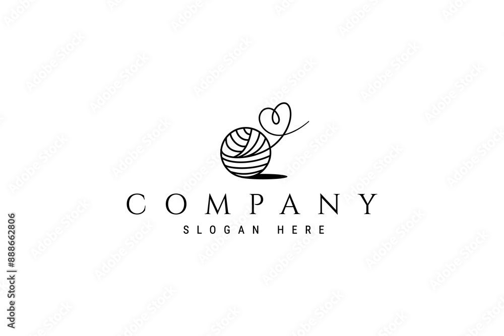 wool ball logo with heart shaped yarn in line art design style