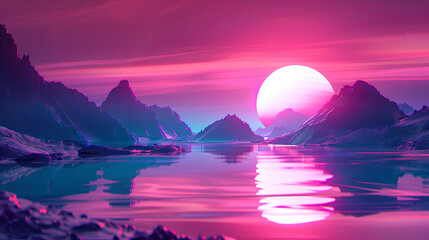 Leinwandbilder Rosa abstract wallpaper showcasing a fantastical neon landscape with reflections  © suldev