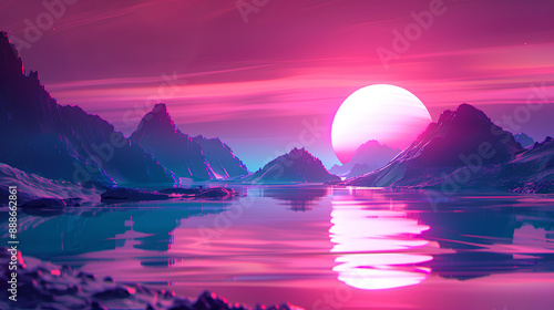 Fototapeta Naklejka Na Ścianę i Meble -  abstract wallpaper showcasing a fantastical neon landscape with reflections