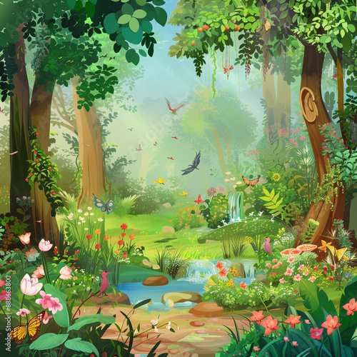Beautiful fantasy tropical forest nature animated background design