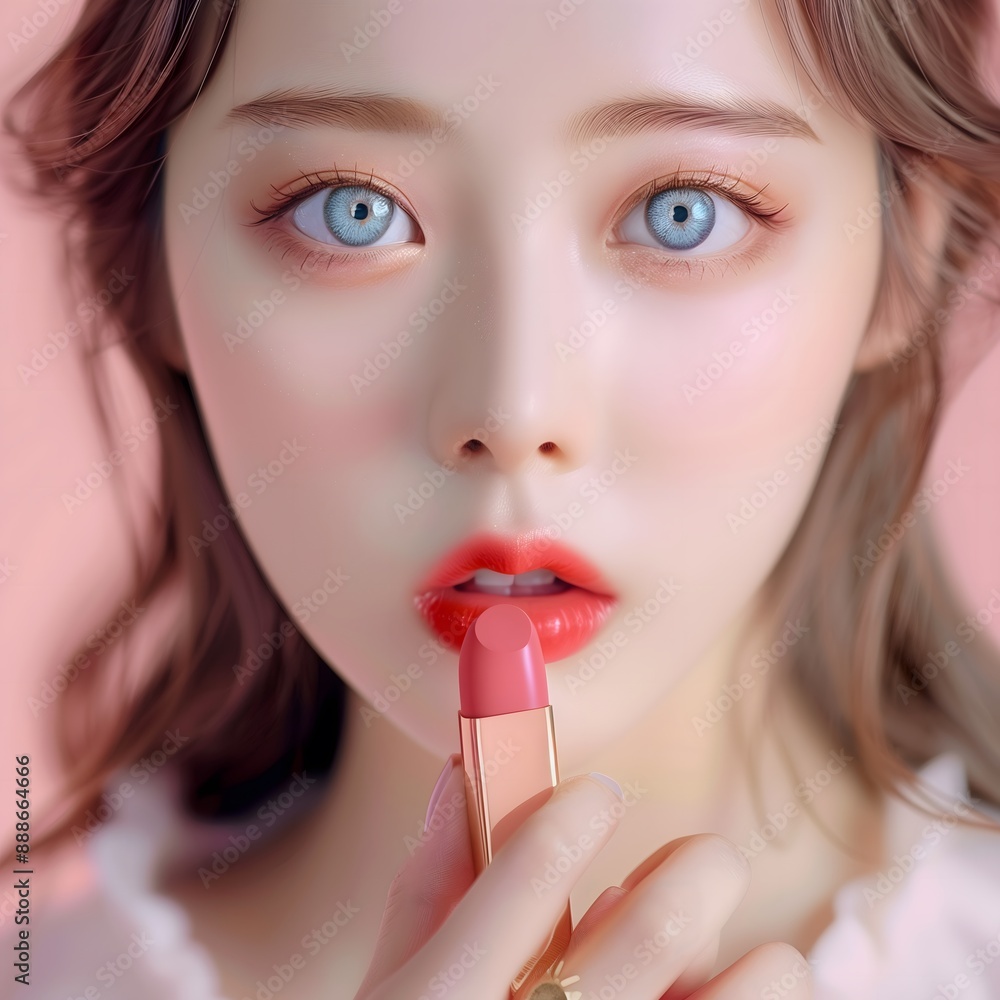 a close-up portrait of a young woman wearing red lipstick a close-up portrait of a young woman wearing red lipstick