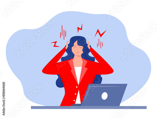 Woman headache stress symptom Stressed worker. Business woman in panic.Person suffers from headaches and migraines. Vector illustration concept