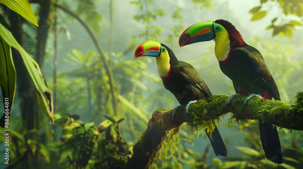 Fototapeta premium Two Keel-billed Toucans on forest branch in Costa Rica, realistic nature travel scene