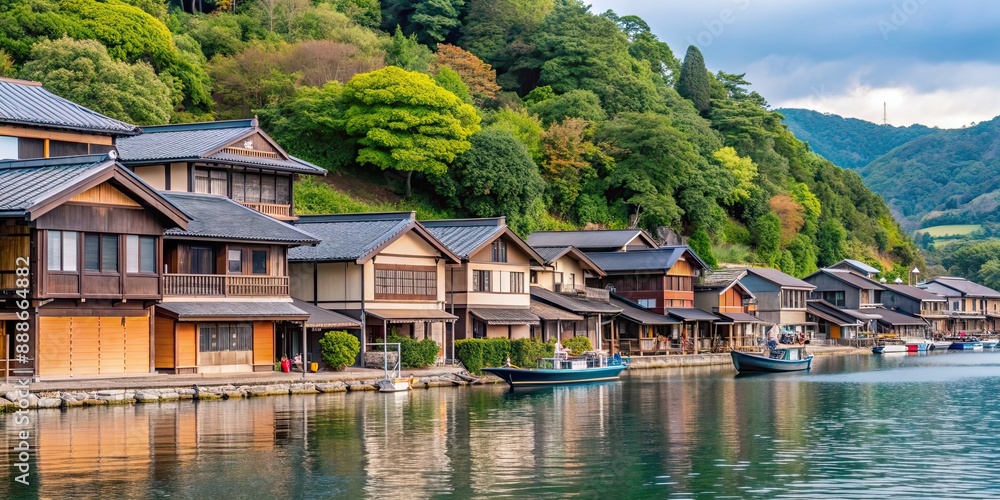 Fototapeta premium Beautiful view of Japanese Isatsu Riverside Houses with Boats isolated by mountain and sky as background in Maizuru