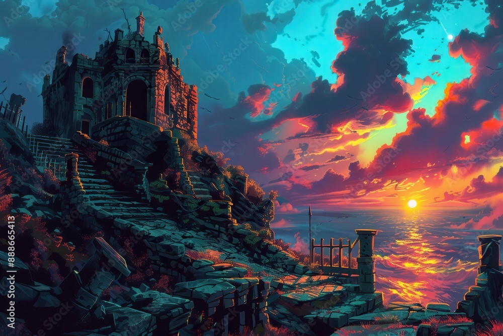 Mysterious castle ruins stand on a rocky cliff overlooking a vast ocean at sunset Mysterious castle ruins stand on a rocky cliff overlooking a vast ocean at sunset