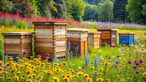 Wooden bee hives surrounded by colorful wildflowers in a vibrant apiary setting, wooden, bee hives, wildflowers, apiary photo