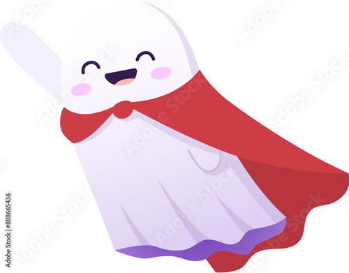 Halloween kawaii ghost superhero character superhero, donning a cute cape, embodies spookiness with an adorable twist, ready to save the day in style. Isolated vector spook defender personage