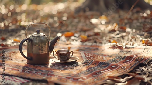 A brown kettle with chai cup lying in a picnic party
