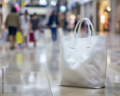 Close-up of a white shopping bag in a luxury mall, focused with blurred background of walking people and shops.