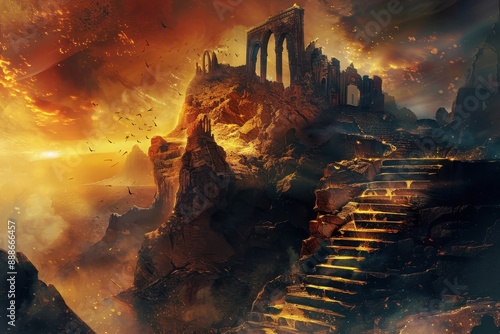Ancient ruins on a volcanic mountaintop at sunset
