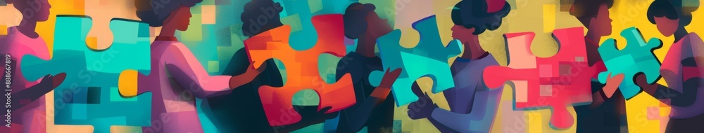 Dynamic Teamwork Mosaic: A Stylized Illustration of Diverse Individuals Assembling a Colorful Puzzle for a Unified Goal Dynamic Teamwork Mosaic: A Stylized Illustration of Diverse Individuals Assembling a Colorful Puzzle for a Unified Goal