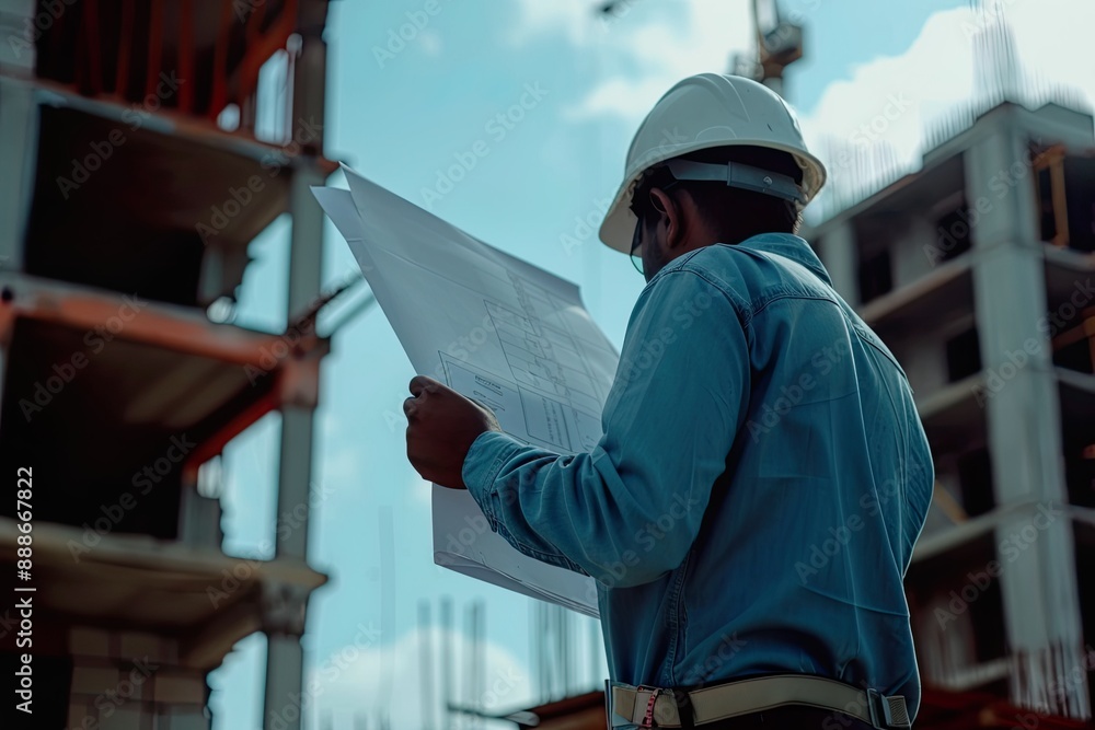 Construction Worker Reviewing Blueprints Construction Worker Reviewing Blueprints