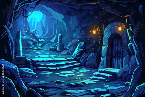 Mysterious cavern with glowing mushrooms and ancient ruins