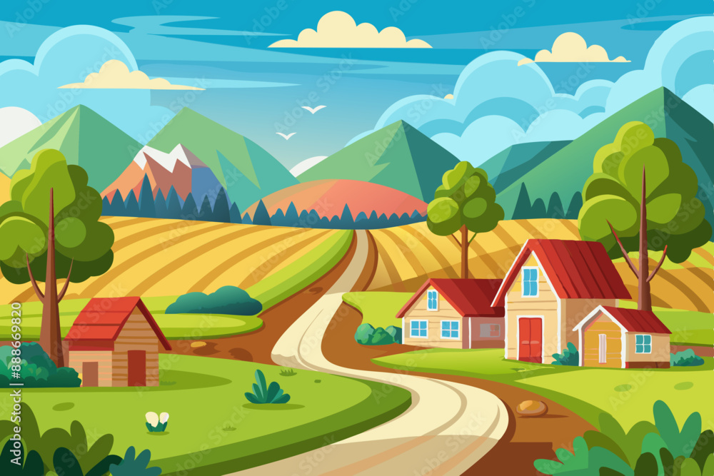 Fototapeta premium Explore Stunning Rural Landscapes: Beautiful Summer Countryside Illustrations & Scenic Artwork