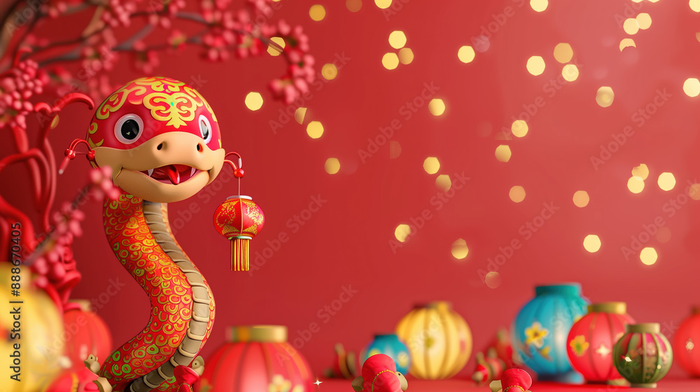 3D Illustration of Festive Snake in Red Silk Outfit and Traditional Hat 3D Illustration of Festive Snake in Red Silk Outfit and Traditional Hat