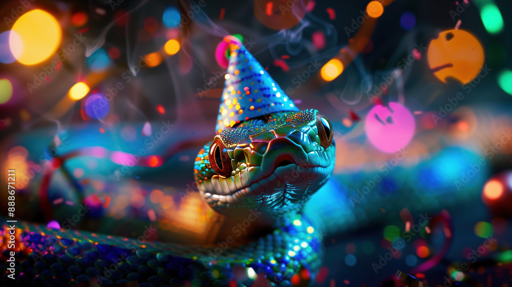 Cheerful Snake Wearing Party Hat Celebrating New Year Festivities Cheerful Snake Wearing Party Hat Celebrating New Year Festivities