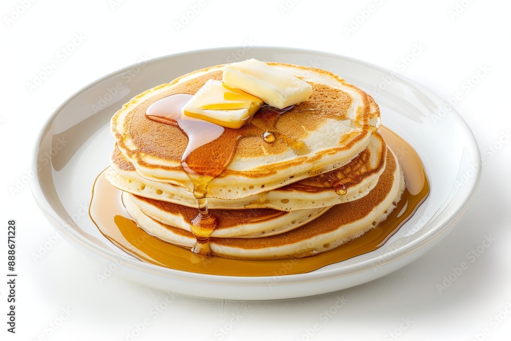Isolated Fluffy Pancakes with Butter and Syrup on White Background Isolated Fluffy Pancakes with Butter and Syrup on White Background