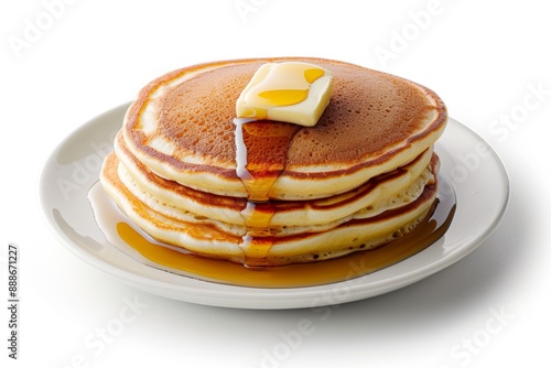 Isolated Fluffy Pancakes with Butter and Syrup on White Background