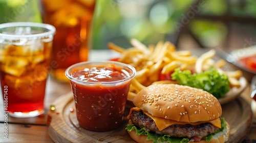 A cup of ketchup a cup of drinks and a platter of food in the wooden plate