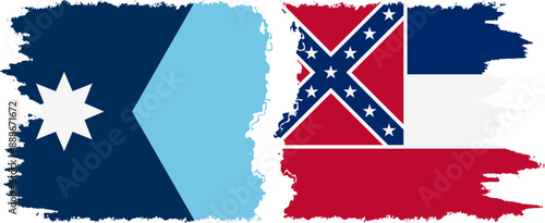 Mississippi and Minnesota states grunge brush flags connection, vector photo