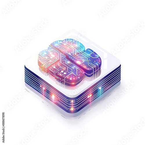 Futuristic illustration of an isometric brain formed by colorful circuit board photo