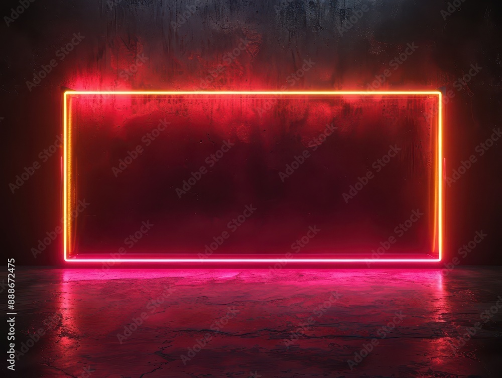 A neon sign with red and orange lights is lit up in a dark room A neon sign with red and orange lights is lit up in a dark room
