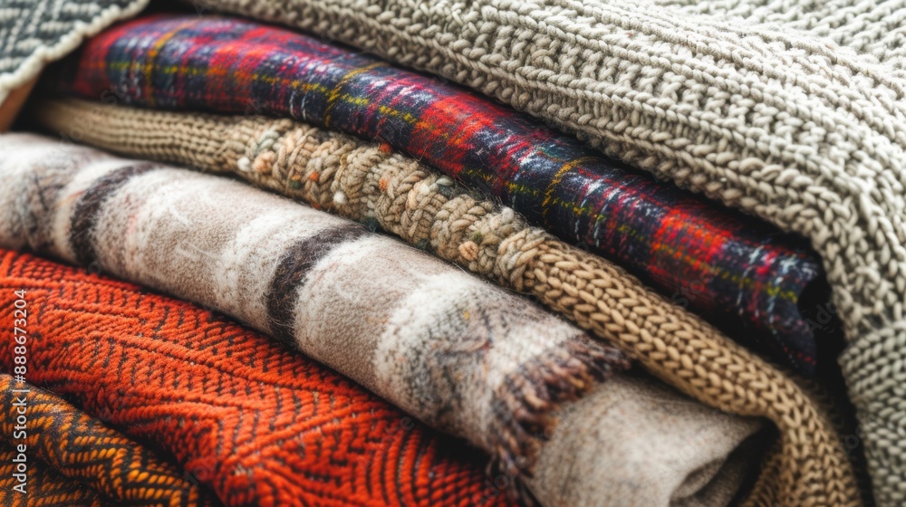 A close-up view of a neatly folded stack of warm, colorful winter sweaters with various patterns and textures. A close-up view of a neatly folded stack of warm, colorful winter sweaters with various patterns and textures.