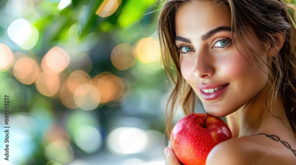 Smiling woman holding a red apple, with a blurred green background, emphasizing health, freshness, and natural beauty. Smiling woman holding a red apple, with a blurred green background, emphasizing health, freshness, and natural beauty.