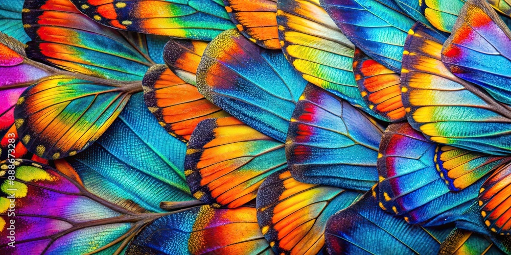 Fototapeta premium Vibrant abstract pattern of butterfly wing scales , macro, close-up, detail, colors, symmetry, pattern, wings, insect