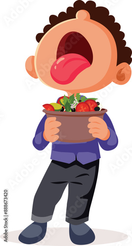 Funny Child Disliking Salad Vegetables Vector Cartoon. Picky eater feeling unhappy with the meal he receives 
