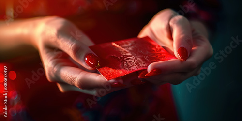 Lunar New Year Celebration: Close-Up of Hands Holding Red Packet photo