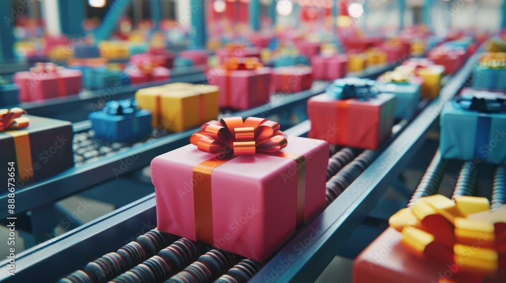 Countless beautiful, colourful gift boxes on a conveyor belt production line. Seamless, endless looping animation of presents in a factory being prepared for shipping. Christmas season preparations. Countless beautiful, colourful gift boxes on a conveyor belt production line. Seamless, endless looping animation of presents in a factory being prepared for shipping. Christmas season preparations.