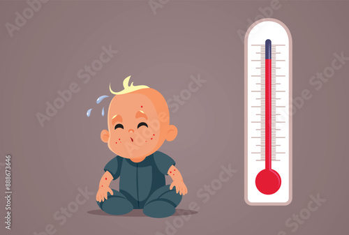 Baby Suffering During Heat Wave Vector Cartoon Illustration. Stressed infant feeling too hut during extreme summer 
