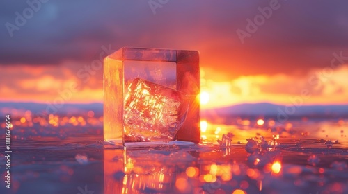 A single ice cube melting on a reflective surface during a vibrant sunset at the beach, highlighting the contrast of hot and cold.