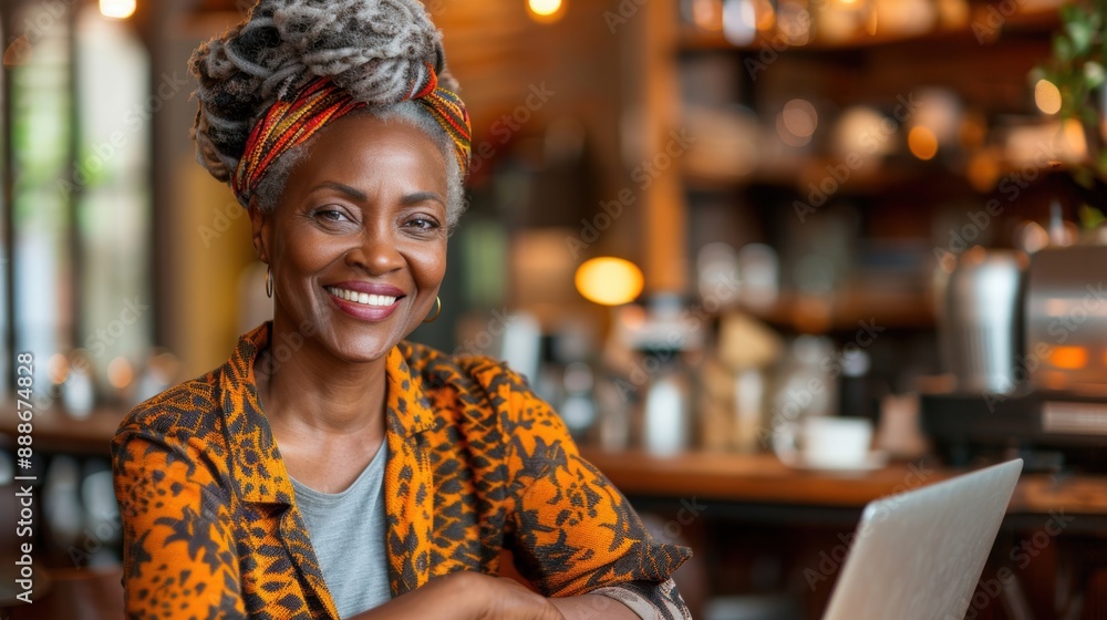 A cheerful woman in a colorful outfit, sitting in a cozy cafe with a laptop, smiling warmly at the camera. A cheerful woman in a colorful outfit, sitting in a cozy cafe with a laptop, smiling warmly at the camera.