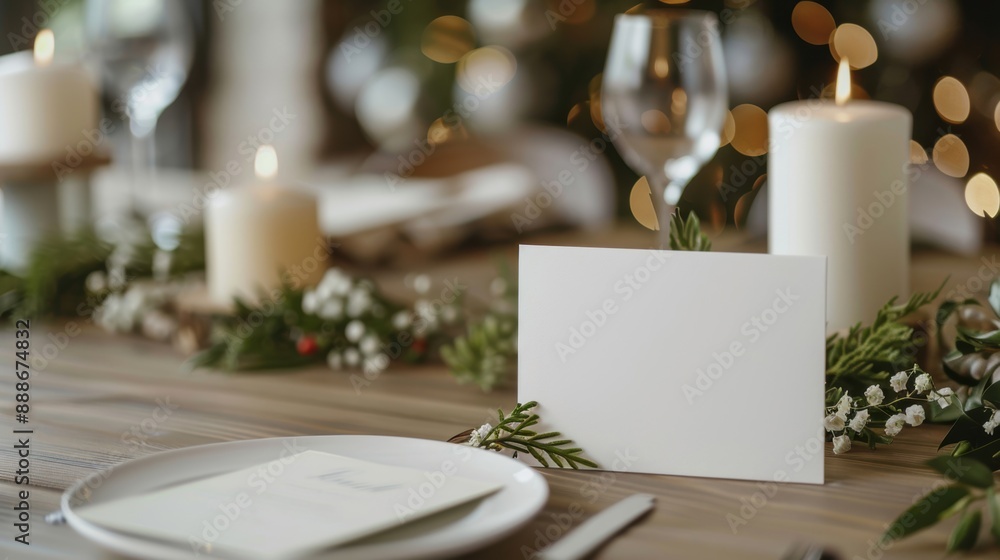 An elegantly decorated holiday table with candles, greenery, and a blank place card ready for a festive gathering. An elegantly decorated holiday table with candles, greenery, and a blank place card ready for a festive gathering.