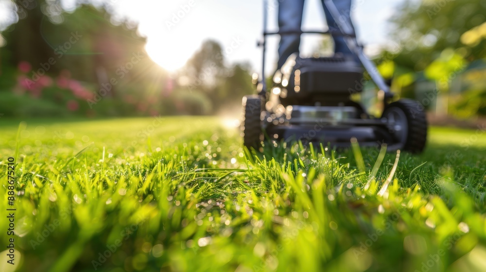 Close-up of a lawn mower cutting grass, capturing the green blades and morning sunlight, representing gardening and lawn care. Close-up of a lawn mower cutting grass, capturing the green blades and morning sunlight, representing gardening and lawn care.
