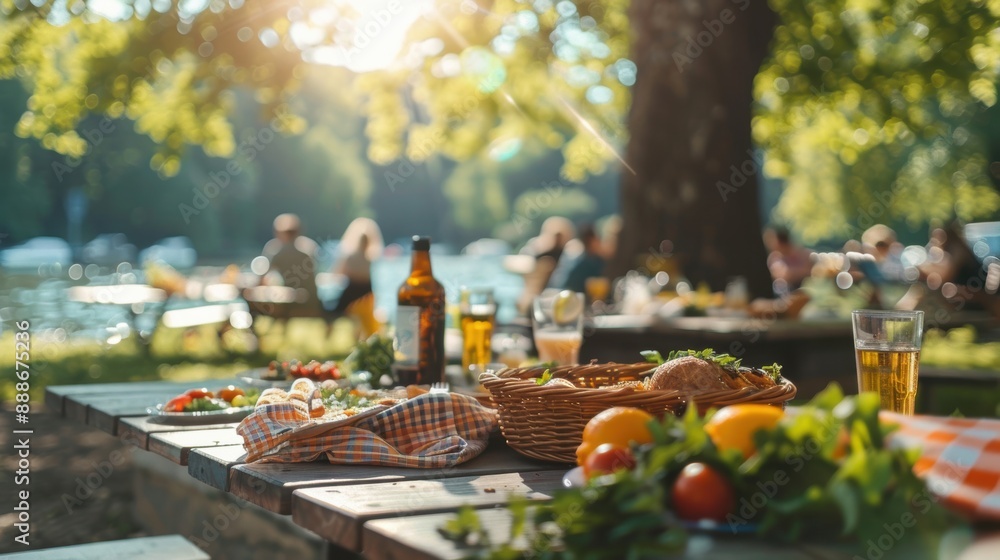 Fototapeta premium Picnic table set with food and drinks in a sunny park, people enjoying a summer day in the background.