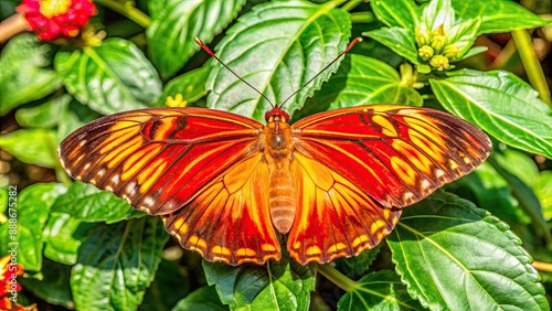 Vibrant red and yellow butterfly spreading its wings in a garden , colorful, insect, nature, beautiful, wings, garden