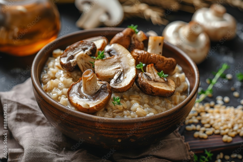 Mushroom barley porridge on dark background selective focus Mushroom barley porridge on dark background selective focus