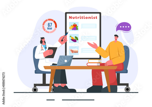Vector Illustration of a Nutritionist Conducting a Nutritional Examination of Food, including Dietary Supplements, such as Fresh Fruits and Vegetables