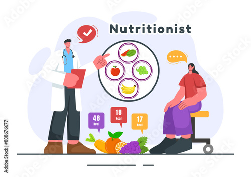 Vector Illustration of a Nutritionist Conducting a Nutritional Examination of Food, including Dietary Supplements, such as Fresh Fruits and Vegetables