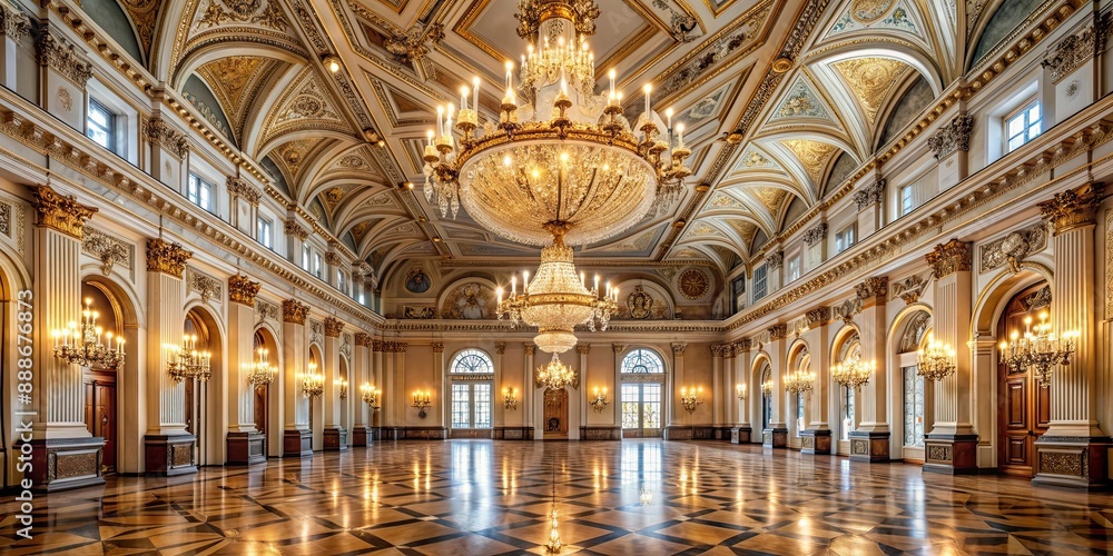 Fototapeta premium Interior of a grand hall with high ceilings and elegant chandeliers, grand, hall, interior, high ceilings, elegant